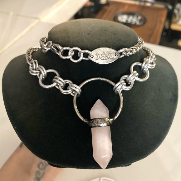 Silverskylight Jewelry - Handmade pink quartz stone maille stainless steel necklace choker boho goth